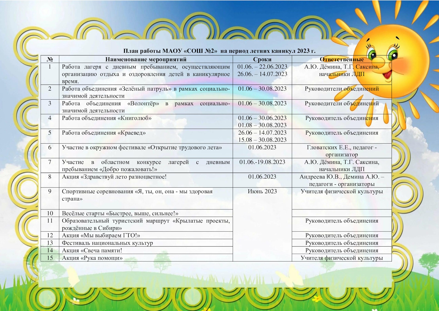 План работы на каникулы